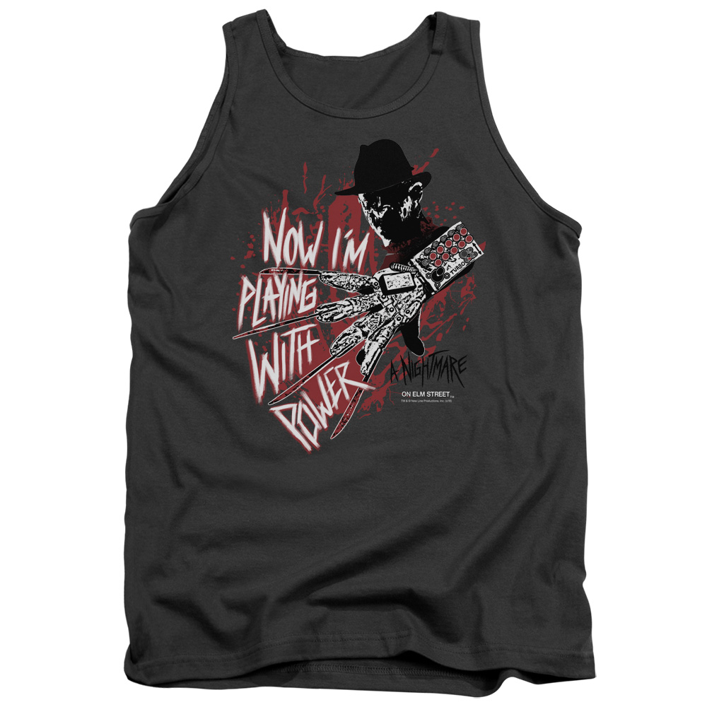 WBM721-TK-5 Nightmare on Elm Street Playing with Power Adult Tank Top, Charcoal - 2X