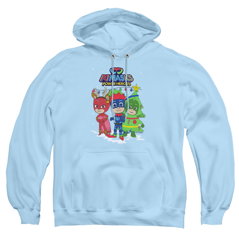 HBRO10382-AFTH-2 PJ Masks Christmas Heroes, Catboy, Owlette & Gekko Adult Pullover Hoodie, Light Blue - Medium