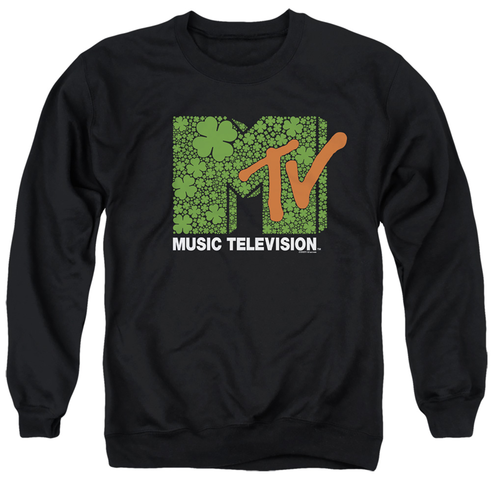 MTV10052SPD-AS-3 MTV St. Patricks Day Shamrock Logo Adult Crewneck Sweatshirt, Black - Large