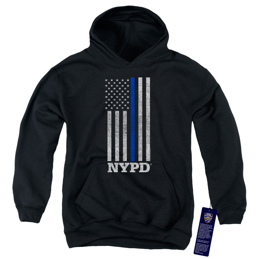 NYC100-YFTH-2 York City Thin Blue Line Youth Hooded Sweatshirt, Black - Medium