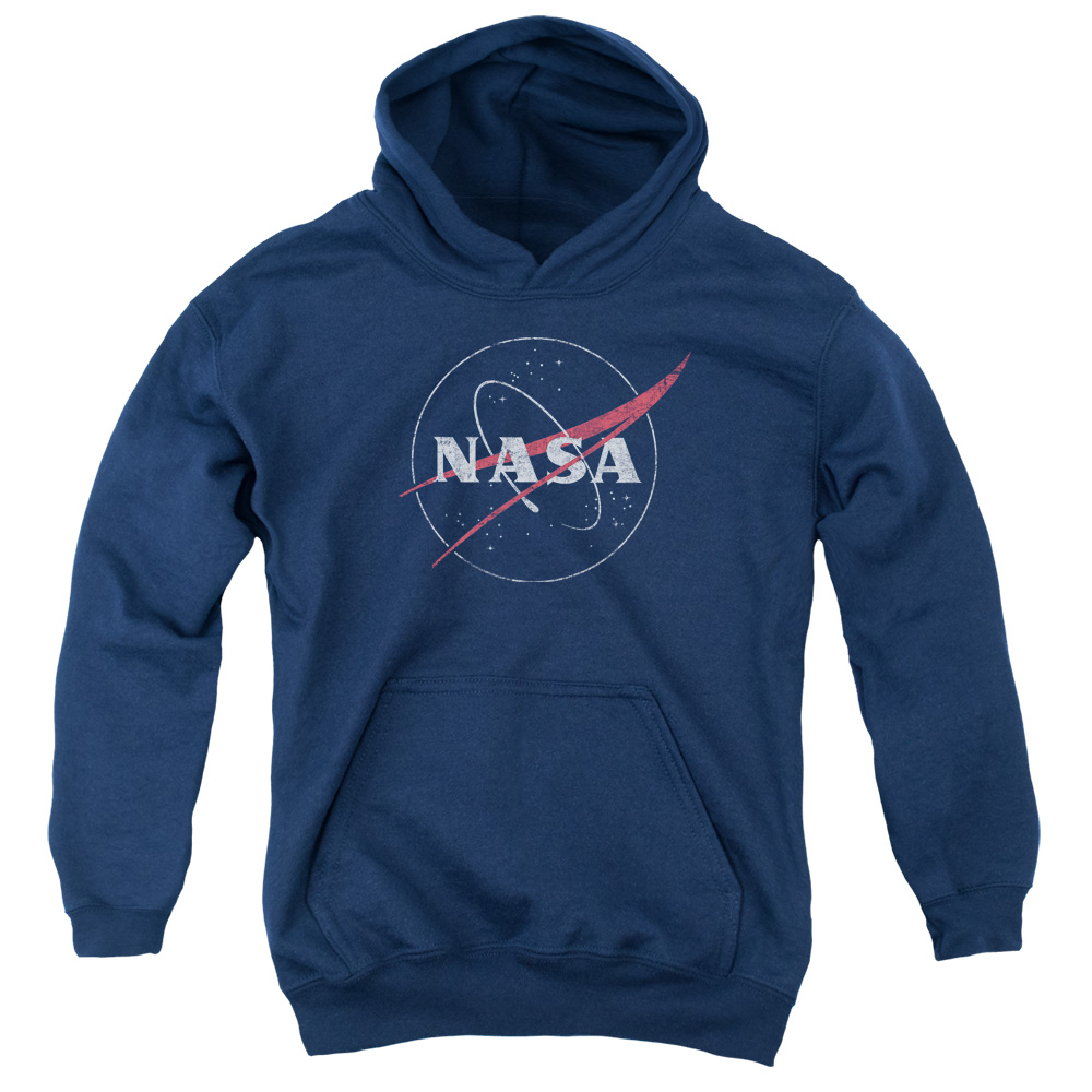 NASA111-YFTH-1 Nasa Distressed Logo Youth Hooded Sweatshirt, Navy - Small