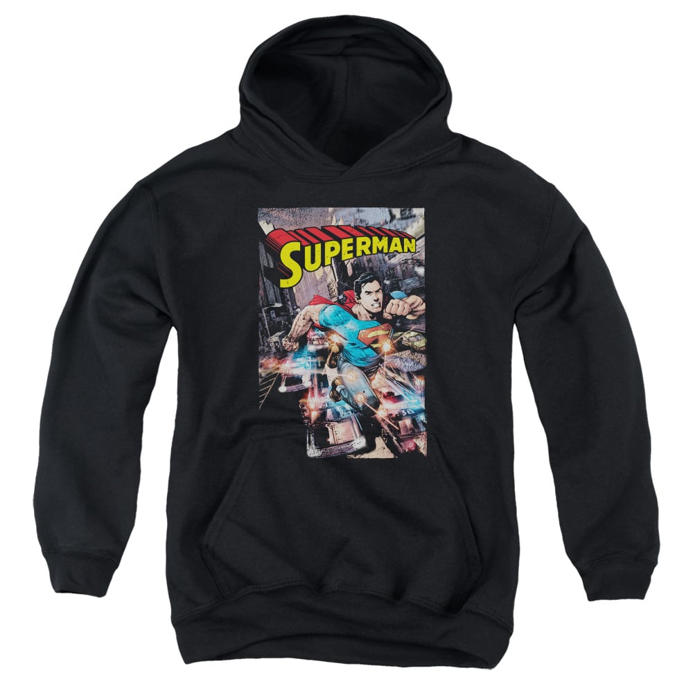 SM2370-YFTH-2 Superman Action One Youth Hooded Sweatshirt, Black - Medium