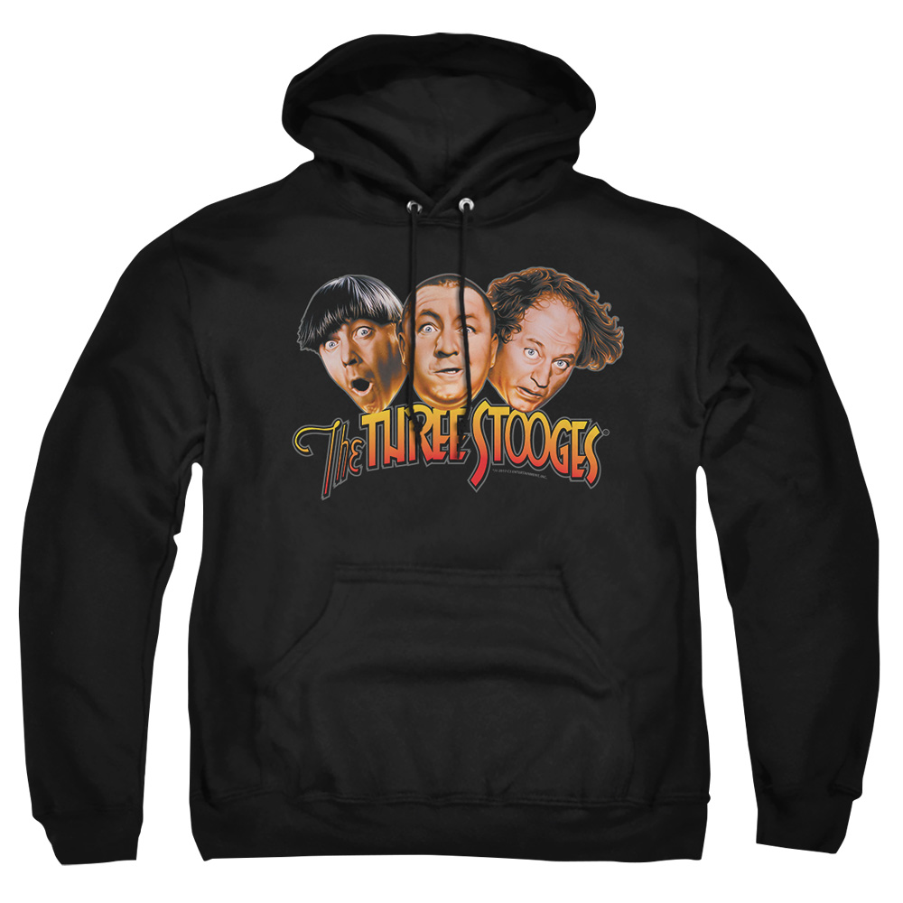 TTS122-AFTH-2 Three Stooges Three Head Logo Adult Pullover Hoodie, Black - Medium