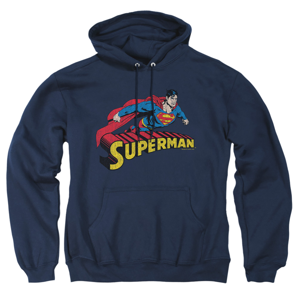 SM1502-AFTH-4 Superman Flying Over Adult Pullover Hoodie, Navy - Extra Large