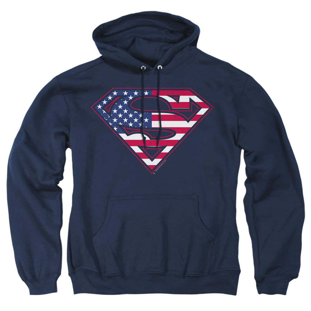 SM1571-AFTH-5 Superman US Shield Adult Pullover Hoodie, Navy - 2X