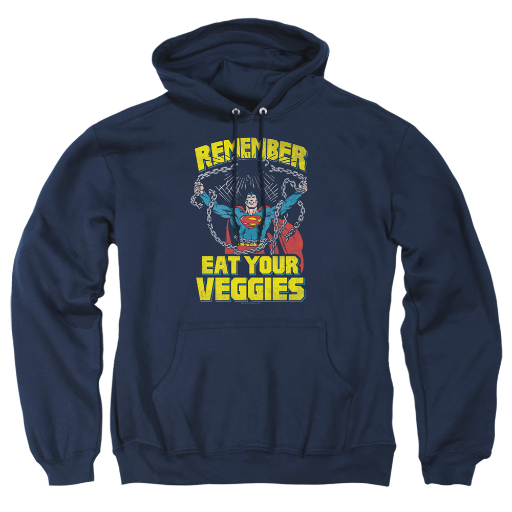 SM1965-AFTH-1 Superman Veggie Power Adult Pullover Hoodie, Navy - Small