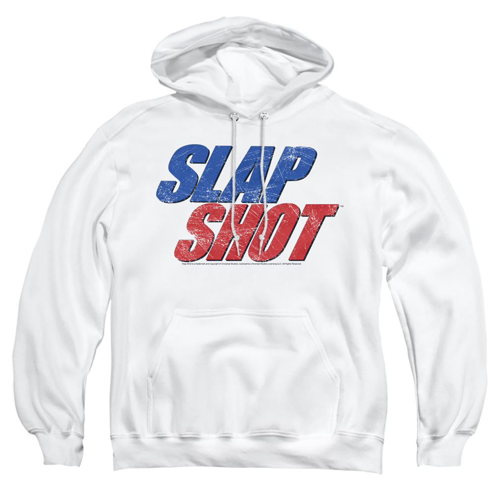 UNI960-AFTH-3 Slap Shot Blue & Red Logo Adult Pullover Hoodie, White - Large