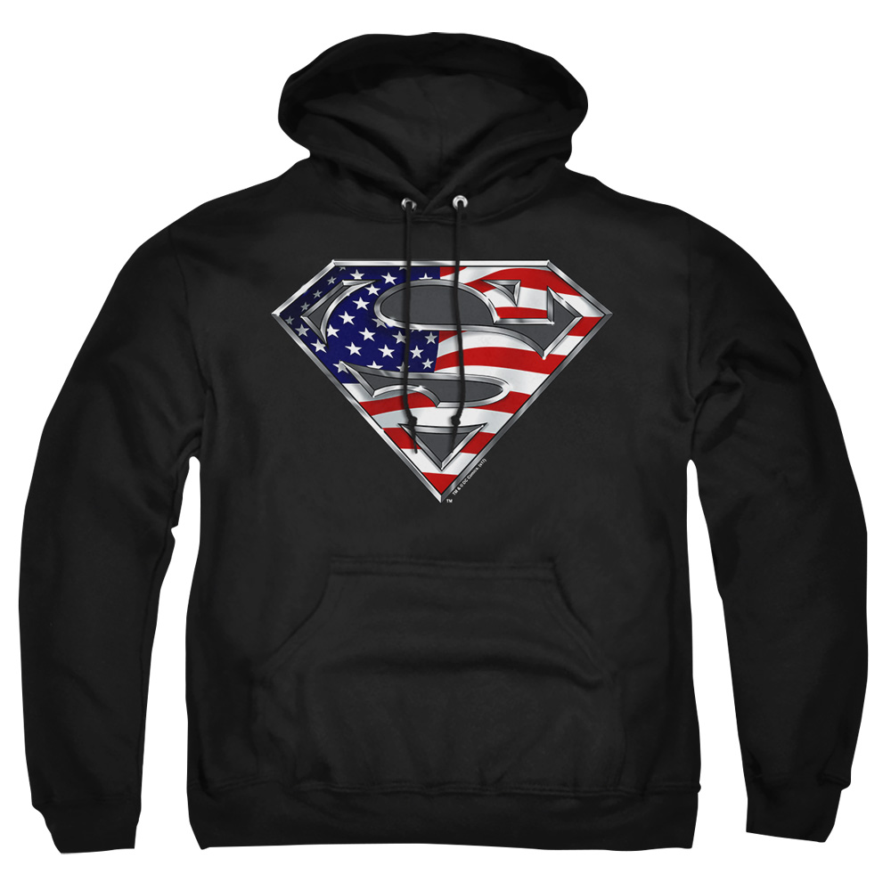 SM1123B-AFTH-4 Superman All American Shield Adult Pullover Hoodie, Black - Extra Large
