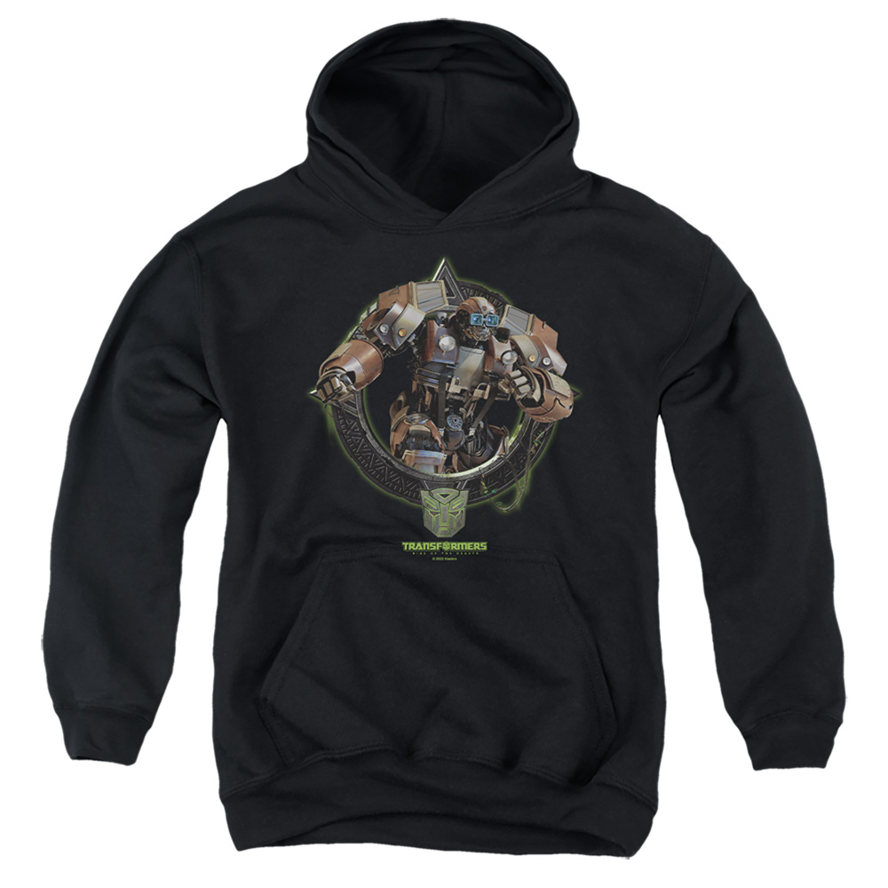HBRO1386-YFTH-3 Transformers Wheeljack Circle Frame Youth Hooded Sweatshirt, Black - Large