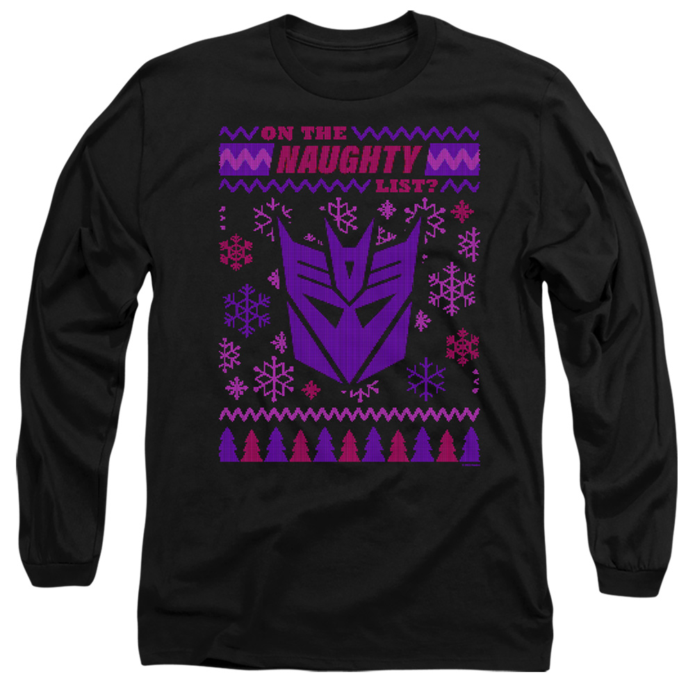 HBRO1470-AL-3 Transformers Decepticon Naughty List Ugly Christmas Adult Long Sleeve T-Shirt, Black - Large