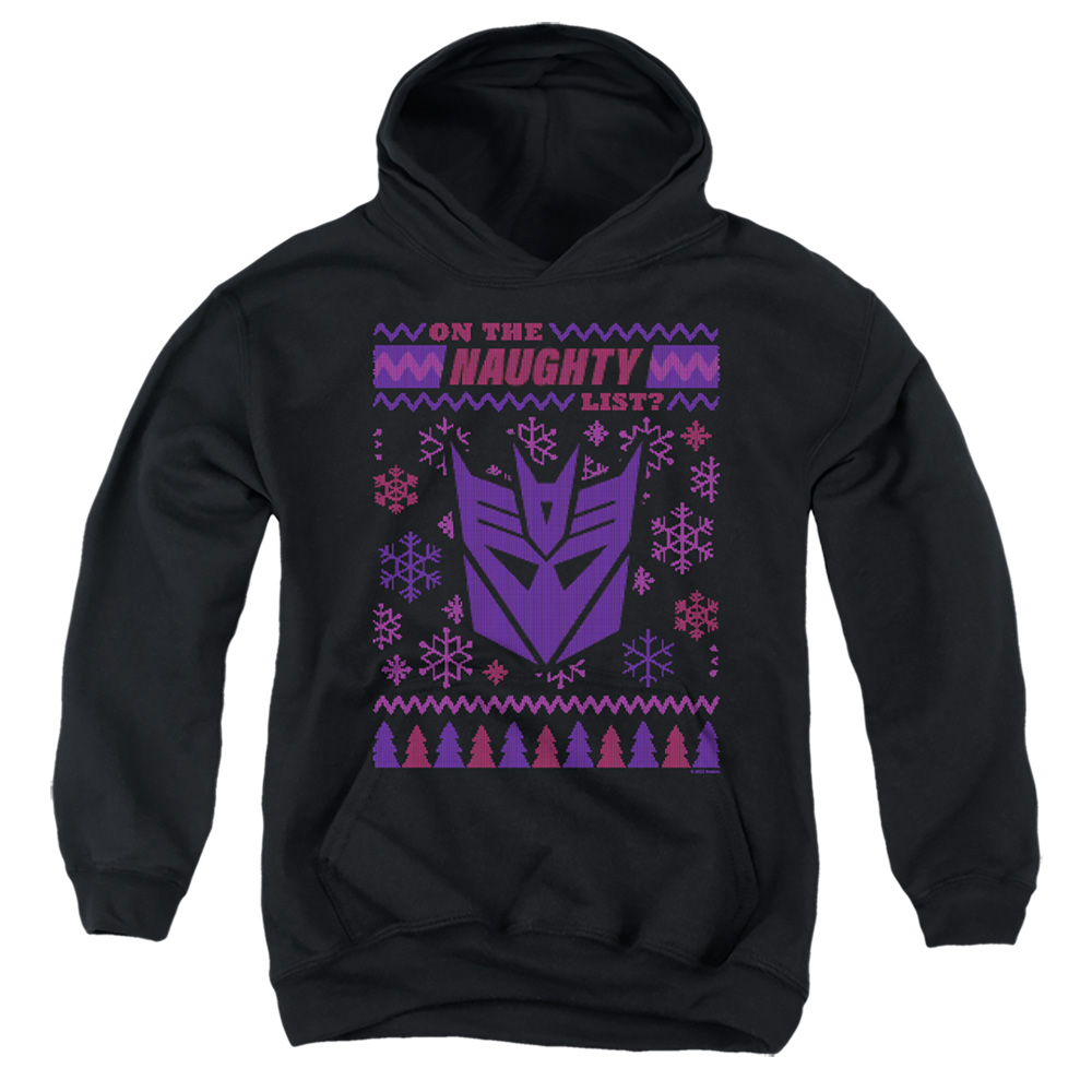 HBRO1470-YFTH-1 Transformers Decepticon Naughty List Ugly Christmas Youth Hooded Sweatshirt, Black - Small