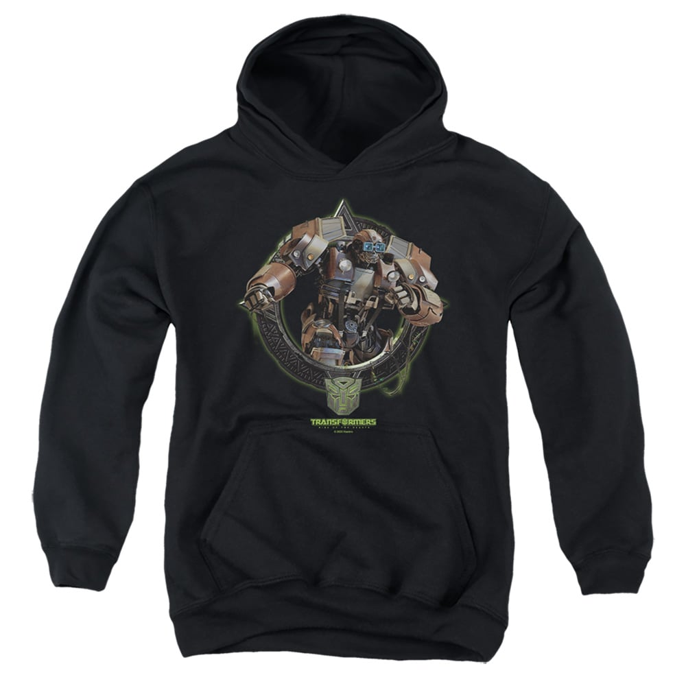 HBRO1386-YFTH-2 Transformers Wheel Jack Circle Frame Youth Hooded Sweatshirt, Black - Medium