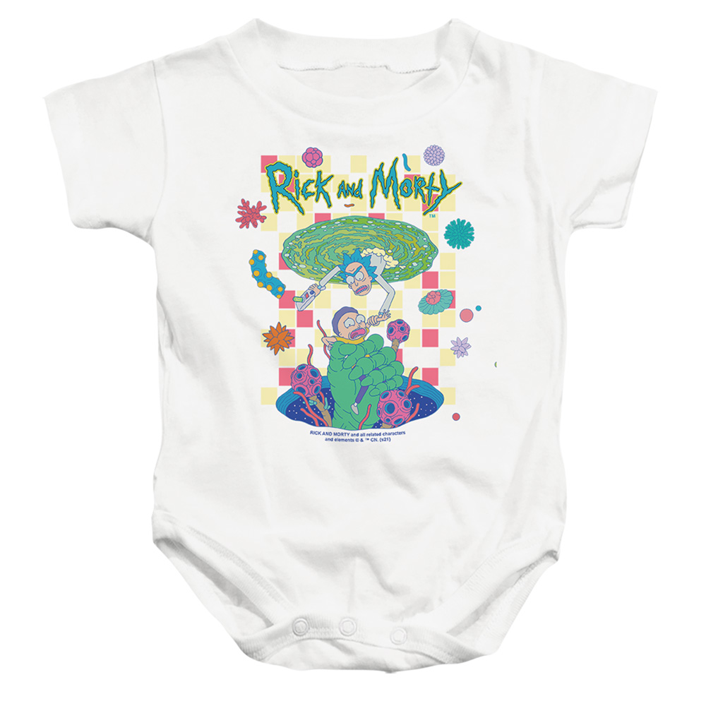 CN1786-SS-2 Rick & Morty Falling Portals Infant Snapsuit, White - Medium - 12 Month
