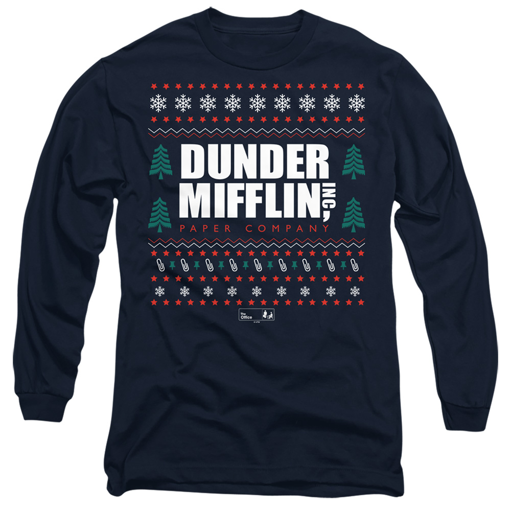 NBC1307-AL-4 The Office Dunder Mifflin Ugly Christmas Sweaters Adult Long Sleeve T-Shirt, Navy - Extra Large
