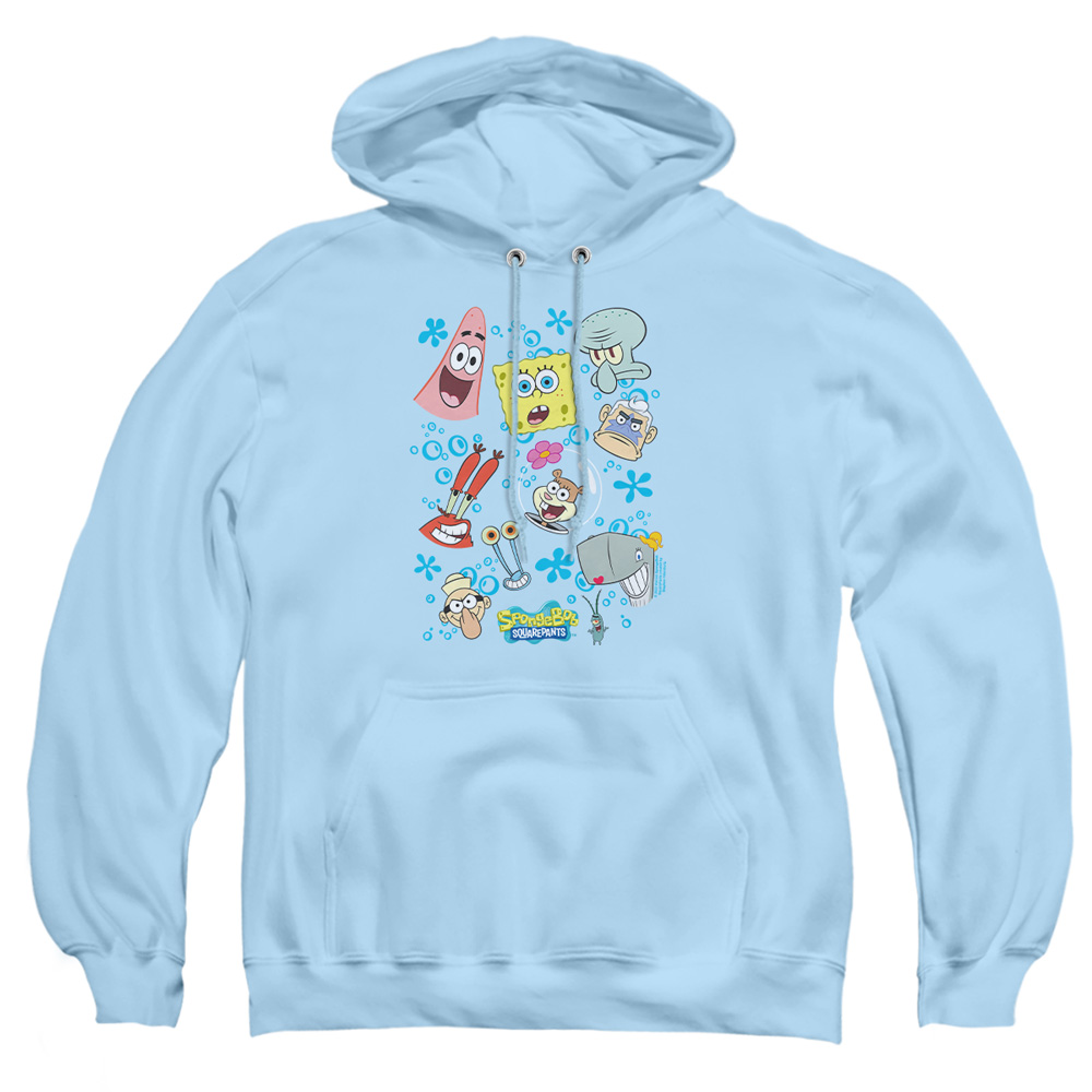 NICK350-AFTH-6 Spongebob Character Faces Adult Pullover Hoodie, Light Blue - 3X