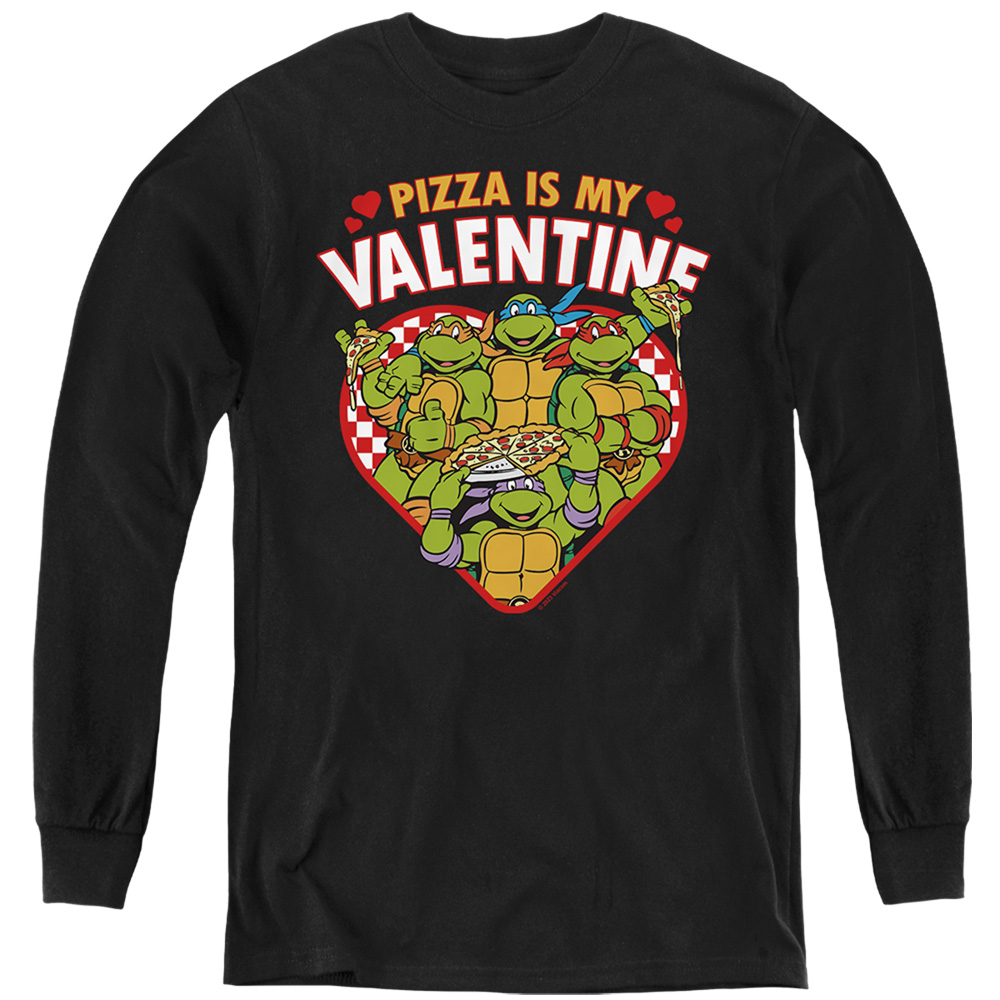 NICK10258VAL-YL-4 Teenage Mutant Ninja Turtles Pizza Is My Valentine Long Sleeve Youth T-Shirt, Black - Extra Large