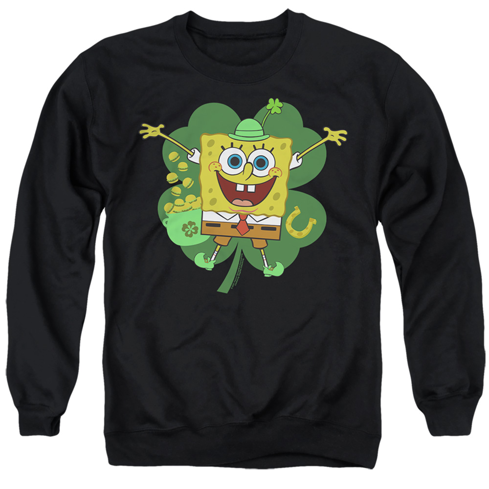 NICK10262SPD-AS-2 Spongebob Squarepants St. Patricks Day Spongey Four Leaf Clover Adult Crewneck Sweatshirt, Black - Medium