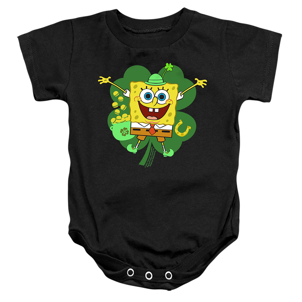 NICK10262SPD-SS-1 Spongebob Squarepants St. Patricks Day Spongey Four Leaf Clover Infant Snapsuit, Black - Small - 6 Month