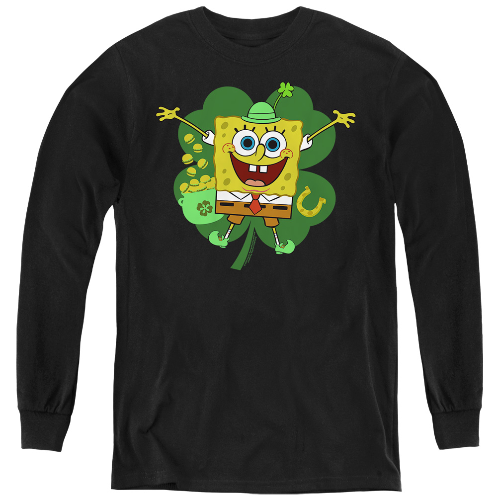 NICK10262SPD-YL-3 Spongebob Squarepants St. Patricks Day Spongey Four Leaf Clover Long Sleeve Youth T-Shirt, Black - Large