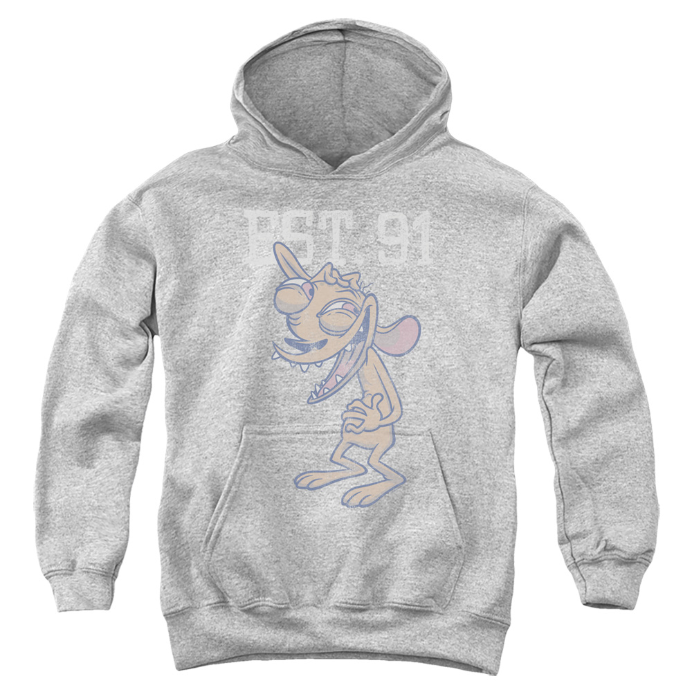 NICK562-YFTH-4 Ren & Stimpy Ren Est Youth Hooded Sweatshirt, Athletic Heather - Extra Large