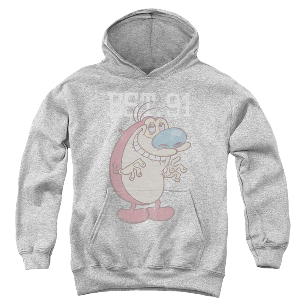 NICK563-YFTH-3 Ren & Stimpy Est Youth Hooded Sweatshirt, Athletic Heather - Large