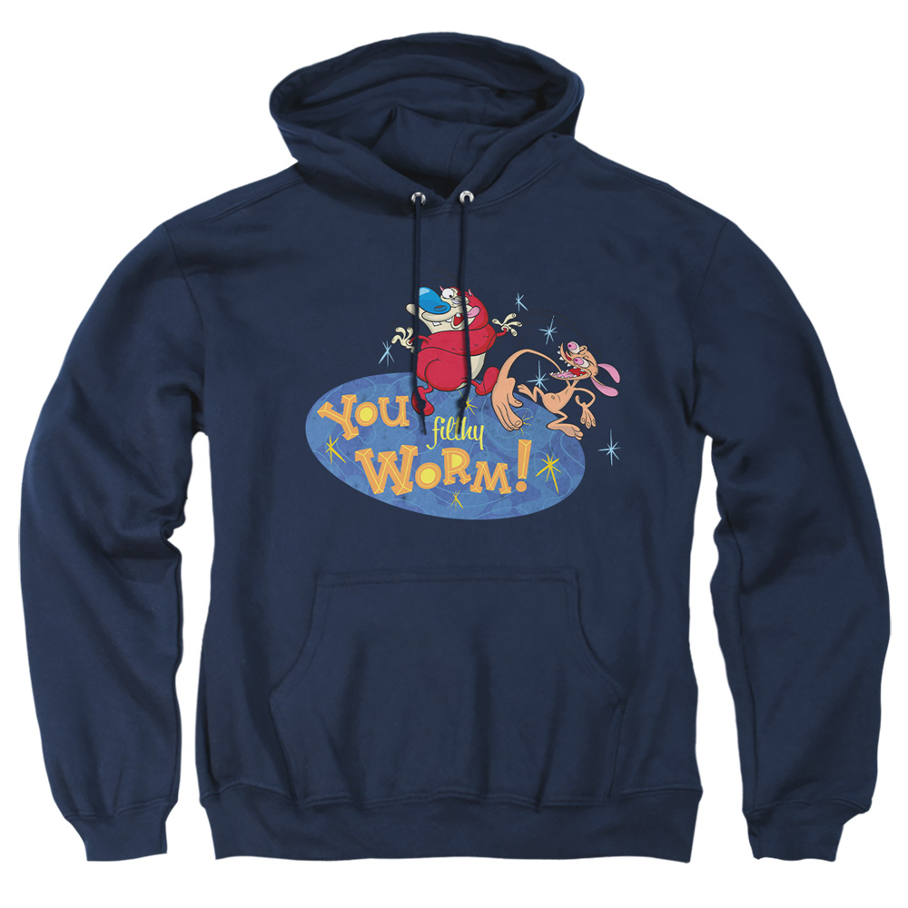 NICK261-AFTH-1 Ren & Stimpy You Filthy Worm Adult Pullover Hoodie, Navy - Small