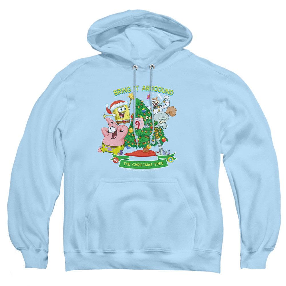 NICK10195-AFTH-6 Spongebob Aroooound The Christmas Tree Patrick Adult Pullover Hoodie, Light Blue - 3X