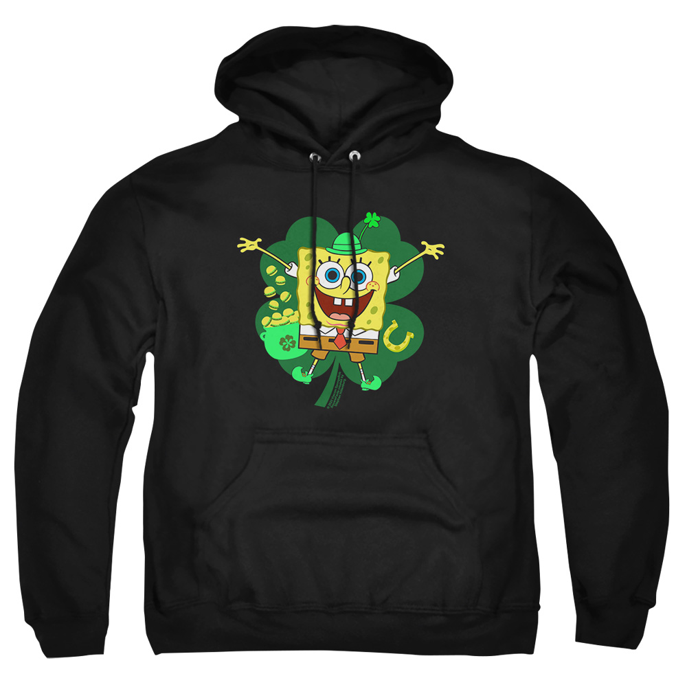 NICK10262SPD-AFTH-7 Spongebob Squarepants St. Patricks Day Spongey Four Leaf Clover Adult Pullover Hoodie, Black - 4X