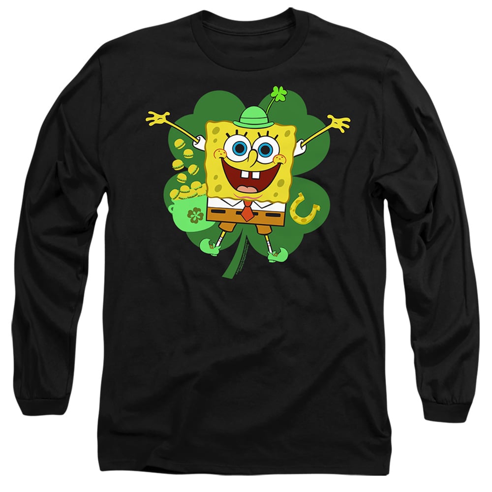 NICK10262SPD-AL-3 Spongebob Squarepants St. Patricks Day Spongey Four Leaf Clover Adult Long Sleeve T-Shirt, Black - Large