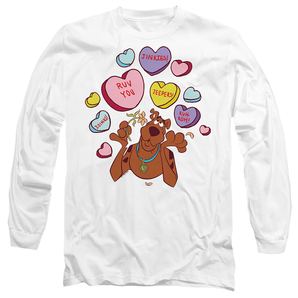 SD10030VAL-AL-3 Scooby Doo Valentines Day Heart Candy Adult Long Sleeve T-Shirt, White - Large