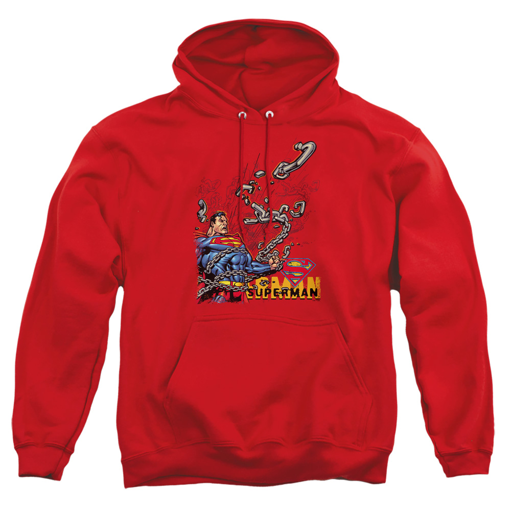 SM1011-AFTH-4 Superman Breaking Chains Adult Pullover Hoodie, Red - Extra Large