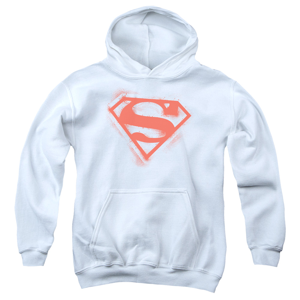 SM1148-YFTH-2 Superman Spray Paint Shield Youth Hooded Sweatshirt, White - Medium