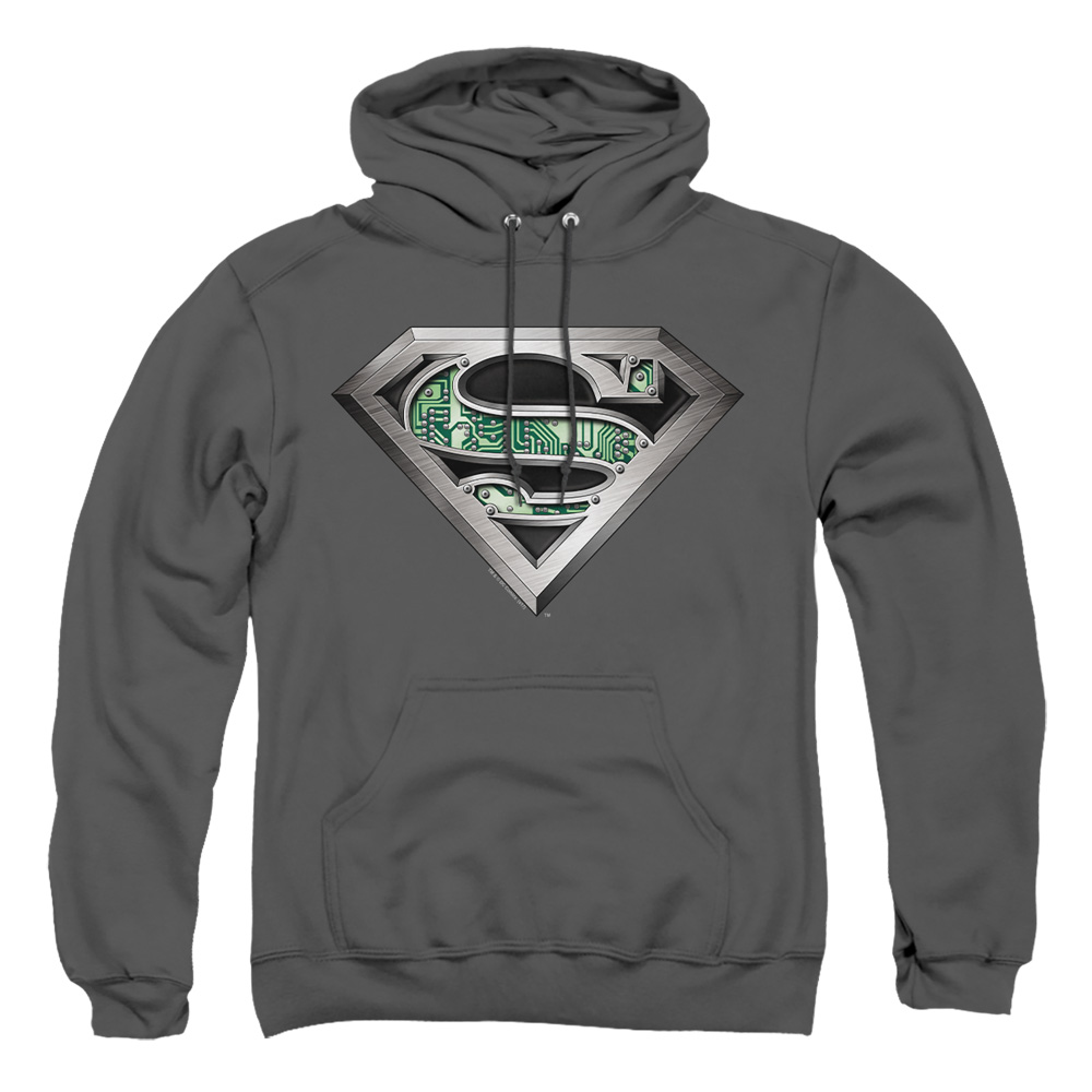 SM1063-AFTH-2 Superman Circuitry Logo Adult Pullover Hoodie, Charcoal - Medium