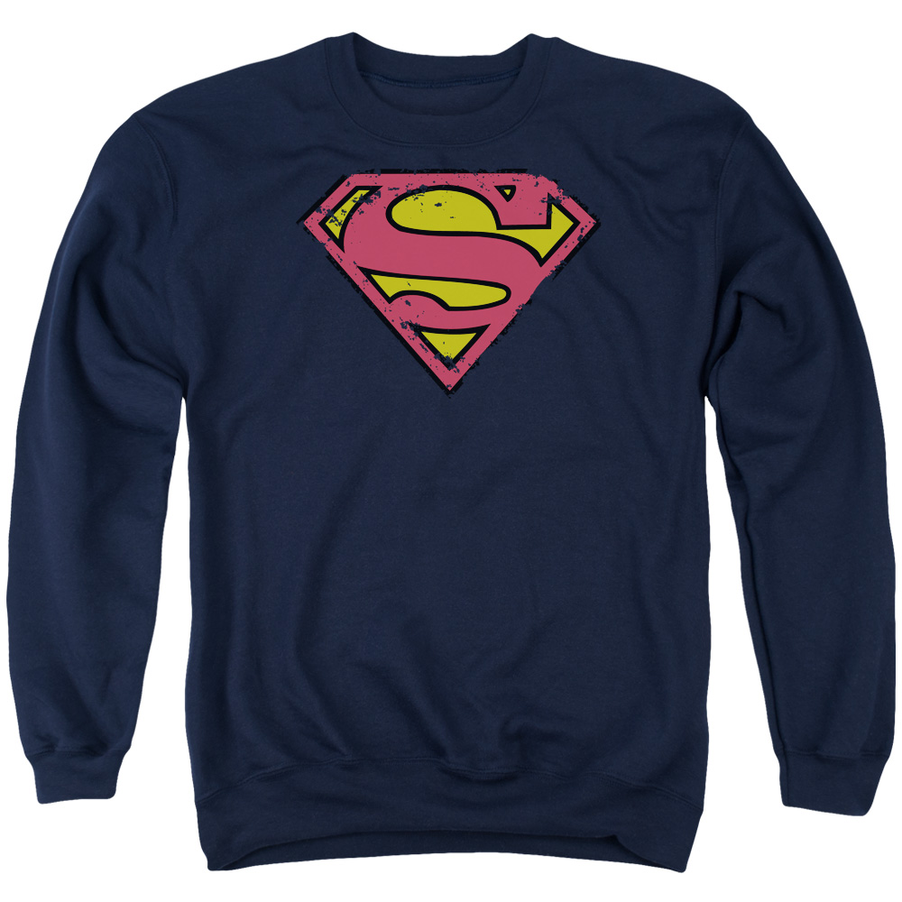 SM1130T-AS-2 Superman Distressed Shield Adult Crewneck Sweatshirt, Navy - Medium