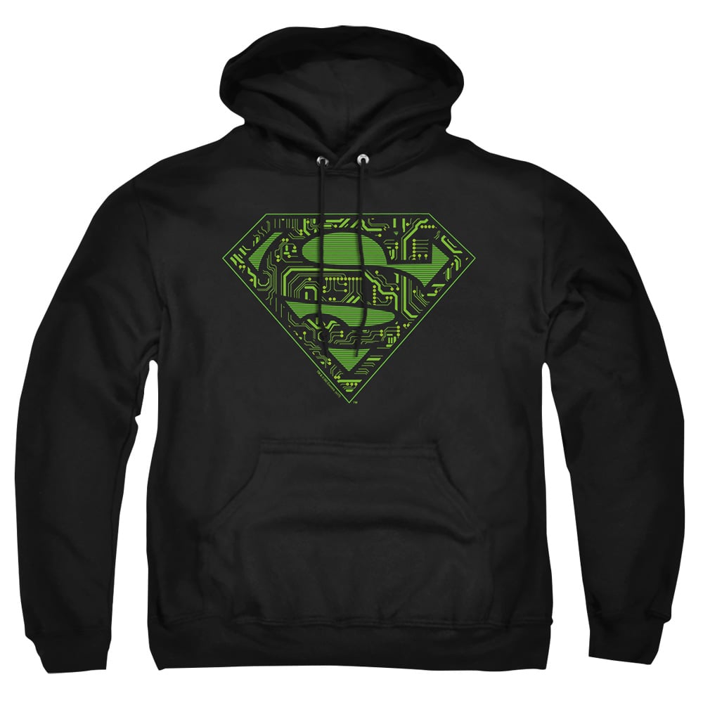 SM1074-AFTH-7 Superman Circuits Shield Adult Pullover Hoodie, Black - 4X