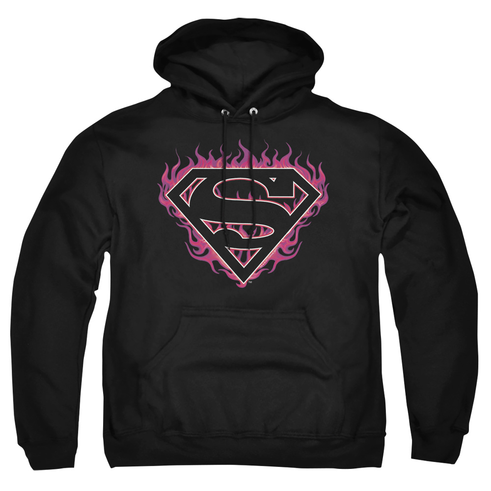 SM1505-AFTH-2 Superman Fuchsia Flames Adult Pullover Hoodie, Black - Medium