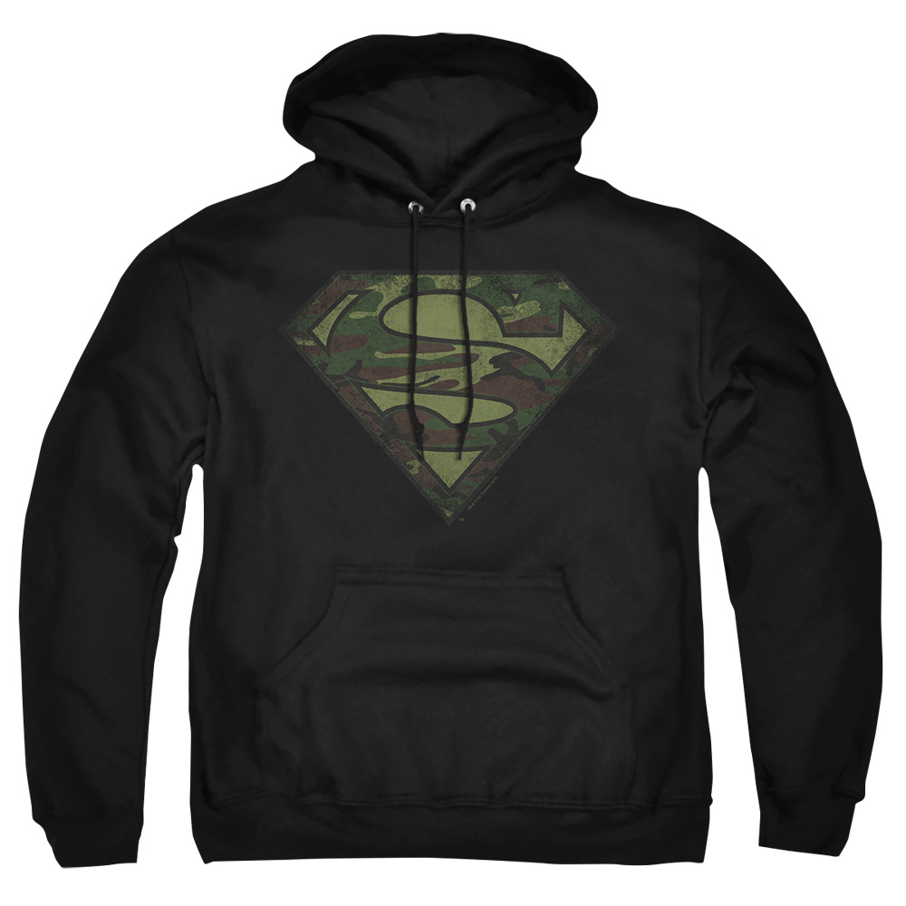 SM1601-AFTH-1 Superman Camo Logo Distressed Adult Pullover Hoodie, Black - Small
