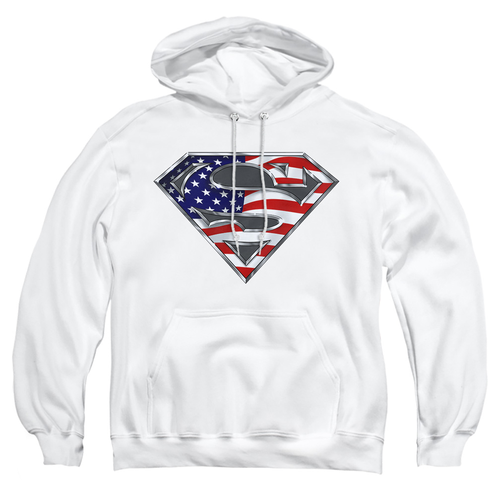 SM1123C-AFTH-4 Superman All American Shield Adult Pullover Hoodie, White - Extra Large