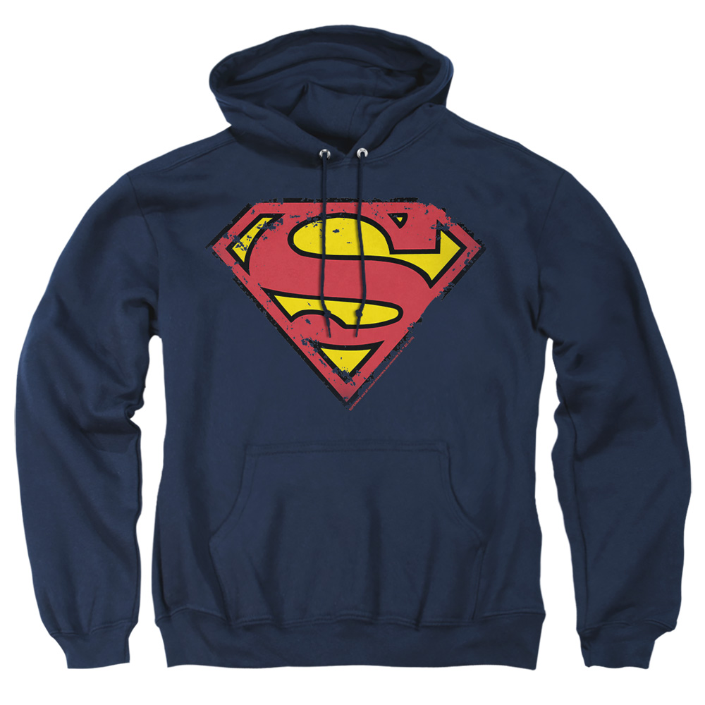 SM1130T-AFTH-5 Superman Distressed Shield Adult Pullover Hoodie, Navy - 2X