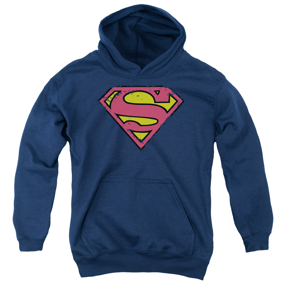 SM1130-YFTH-4 Superman Distressed Shield Youth Hooded Sweatshirt, Navy - Extra Large