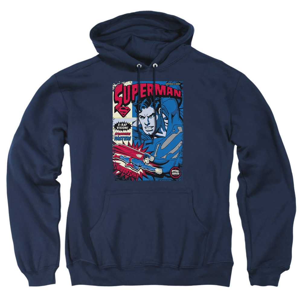 SM1670-AFTH-6 Superman Action Packed Adult Pullover Hoodie, Navy - 3X