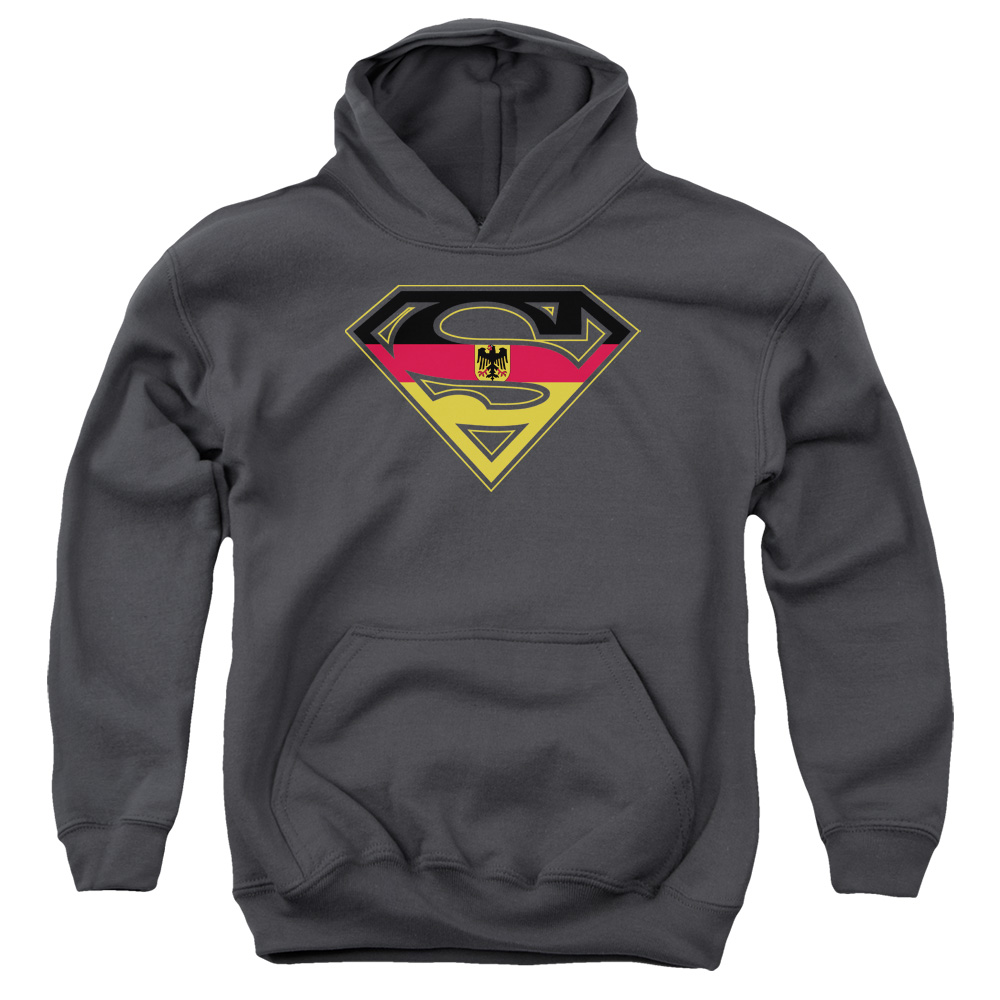 SM1564-YFTH-2 Superman German Shield Youth Hooded Sweatshirt, Charcoal - Medium