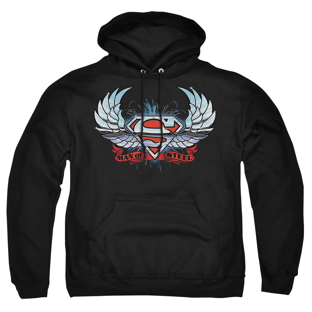 SM1700-AFTH-6 Superman Chrome Wings Shield Adult Pullover Hoodie, Black - 3X