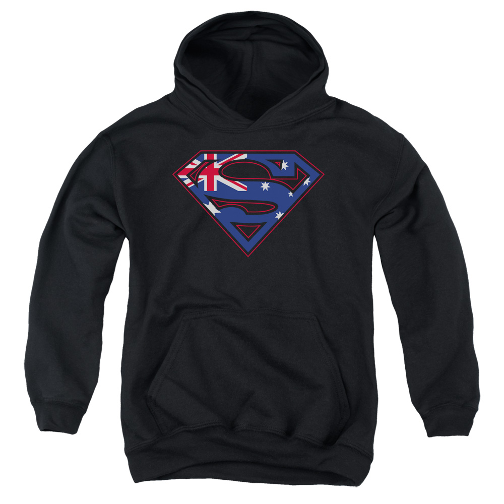 SM1577-YFTH-2 Superman Australian Shield Youth Hooded Sweatshirt, Black - Medium