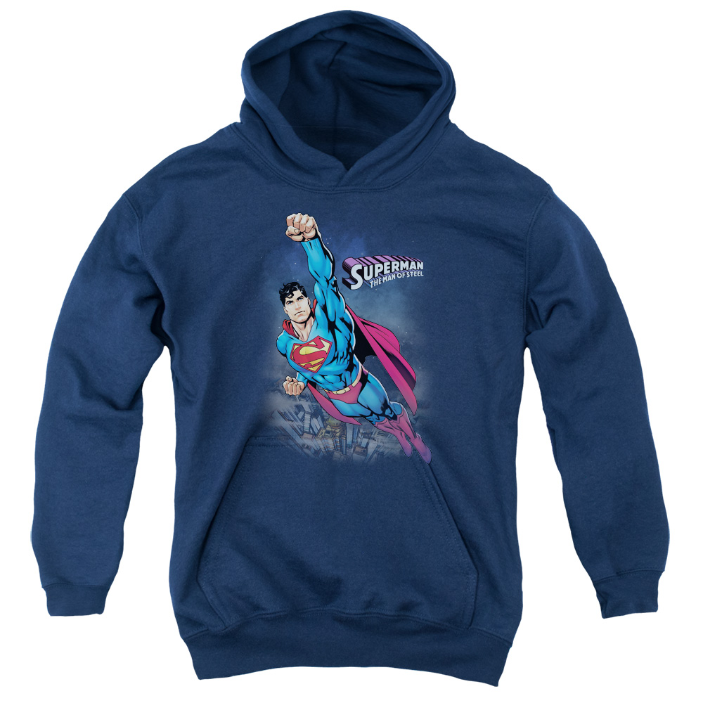 SM1966-YFTH-2 Superman Twilight Flight Youth Hooded Sweatshirt, Navy - Medium