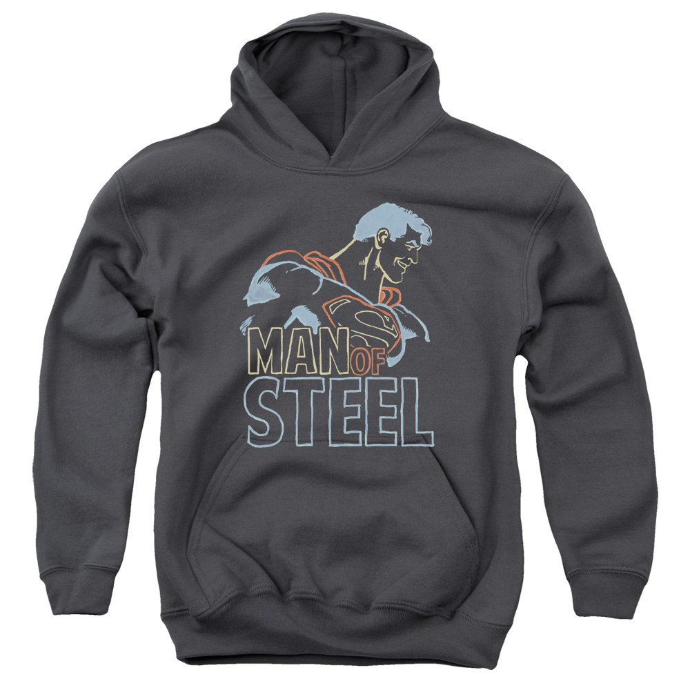 SM1969-YFTH-2 Superman Colored Lines Youth Hooded Sweatshirt, Charcoal - Medium