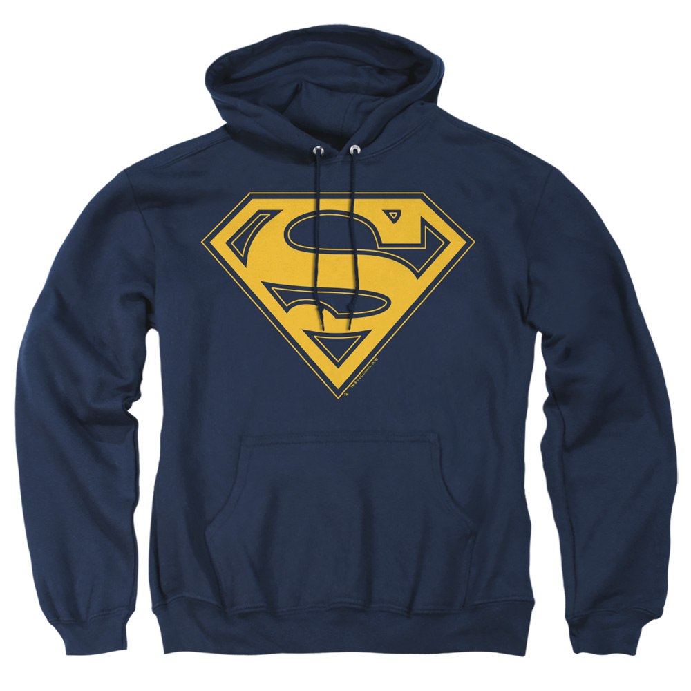 SM1469B-AFTH-4 Superman Maize & Blue Shield Adult Pullover Hoodie, Navy - Extra Large