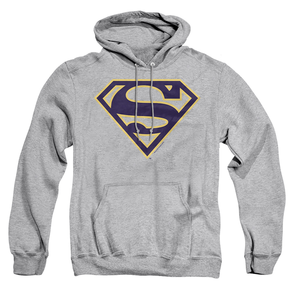 SM1470-AFTH-2 Superman Navy & Gold Shield Adult Pullover Hoodie, Athletic Heather - Medium