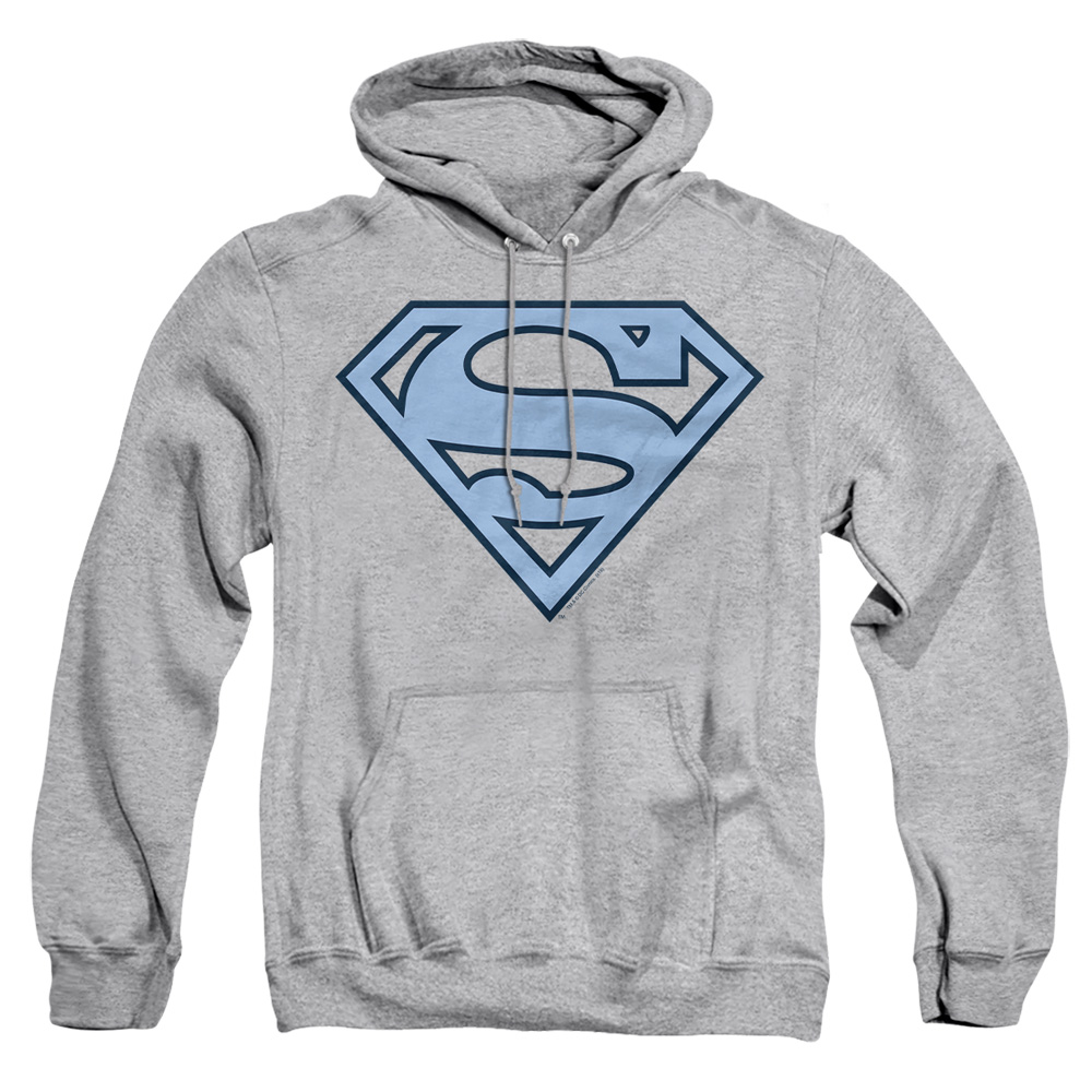 SM1472-AFTH-3 Superman Carolina Blue & Navy Shield Adult Pullover Hoodie, Athletic Heather - Large