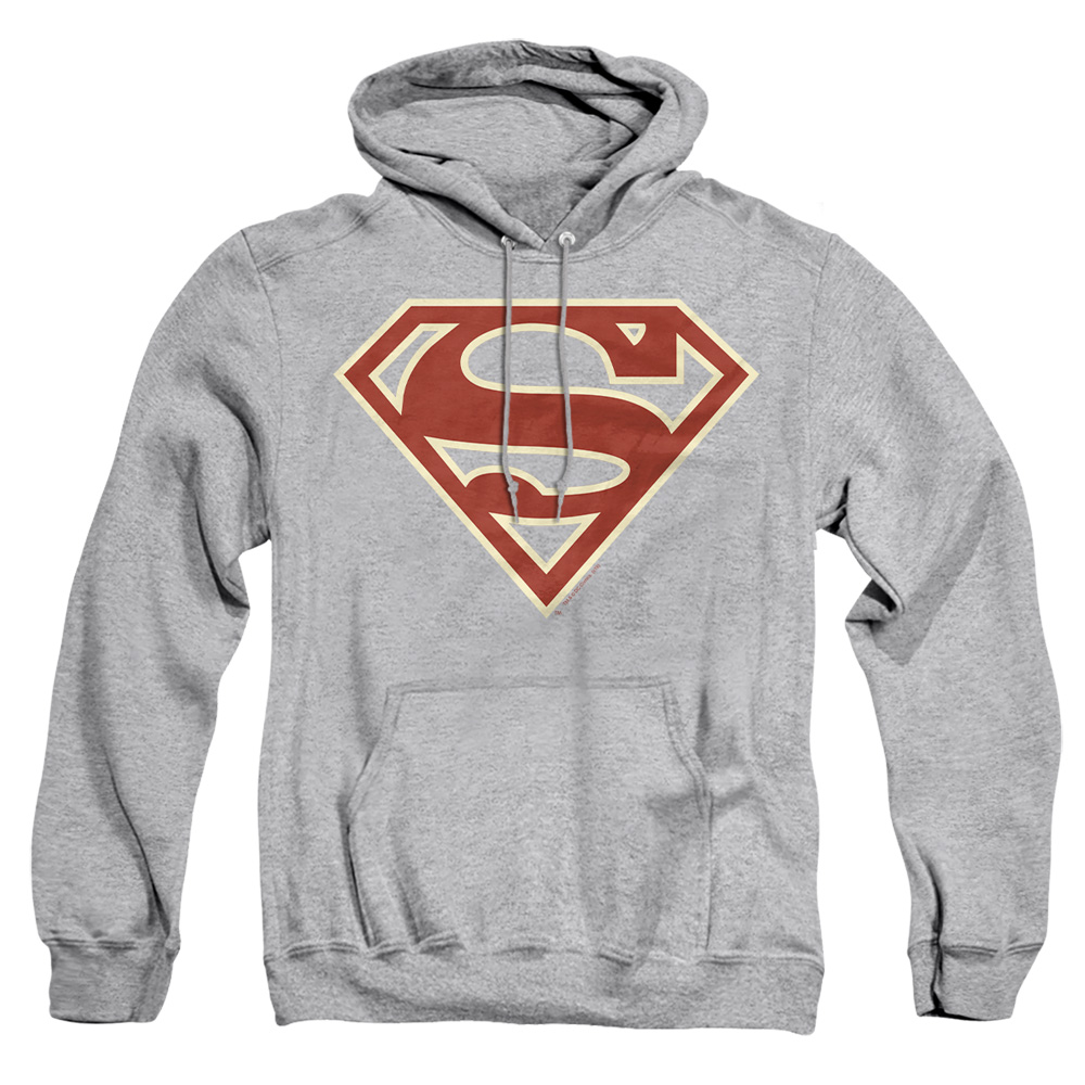 SM1474-AFTH-2 Superman Crimson & Cream Shield Adult Pullover Hoodie, Athletic Heather - Medium